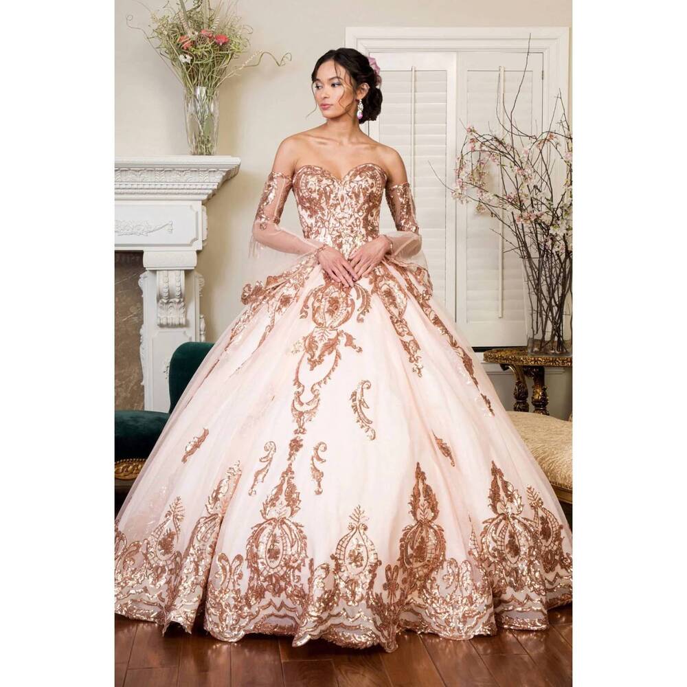NEW ELIZABETH K sequin print strapless ball gown in champagne